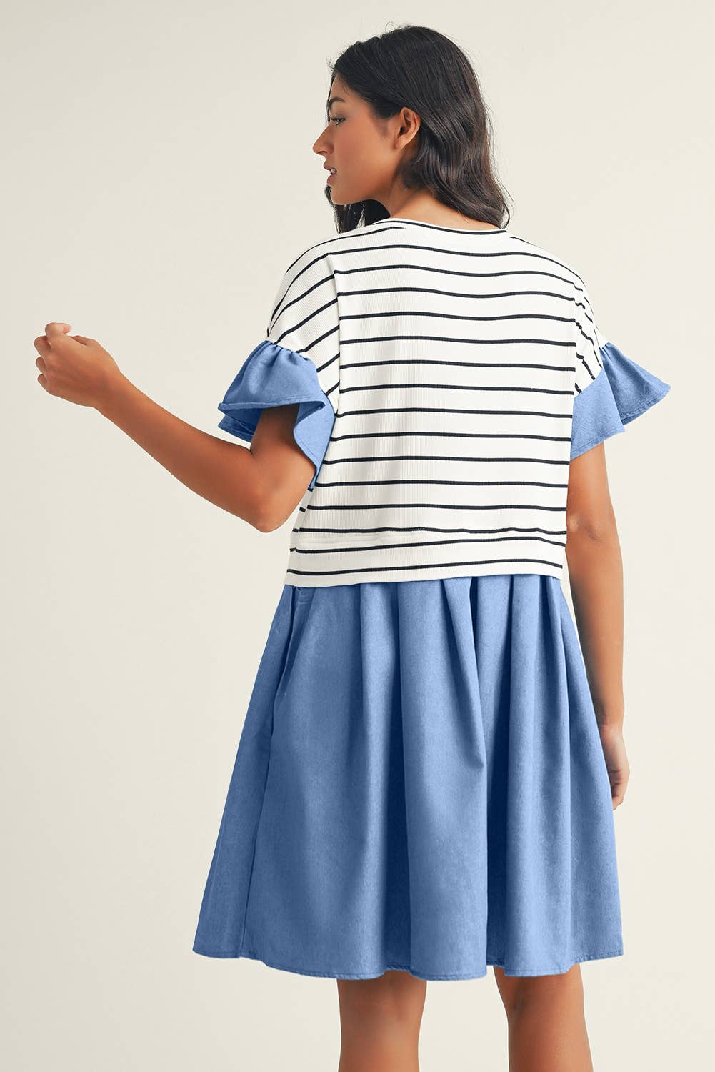 Stripe Ruffle Denim Patchwork Round Neck Mini Dress