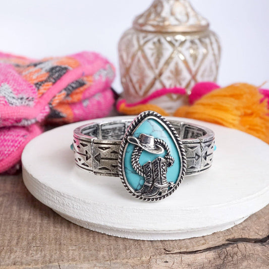 Rodeo Reverie – Western Cowboy Boots & Hat Statement Bangle in Silver with Turquoise or Pink