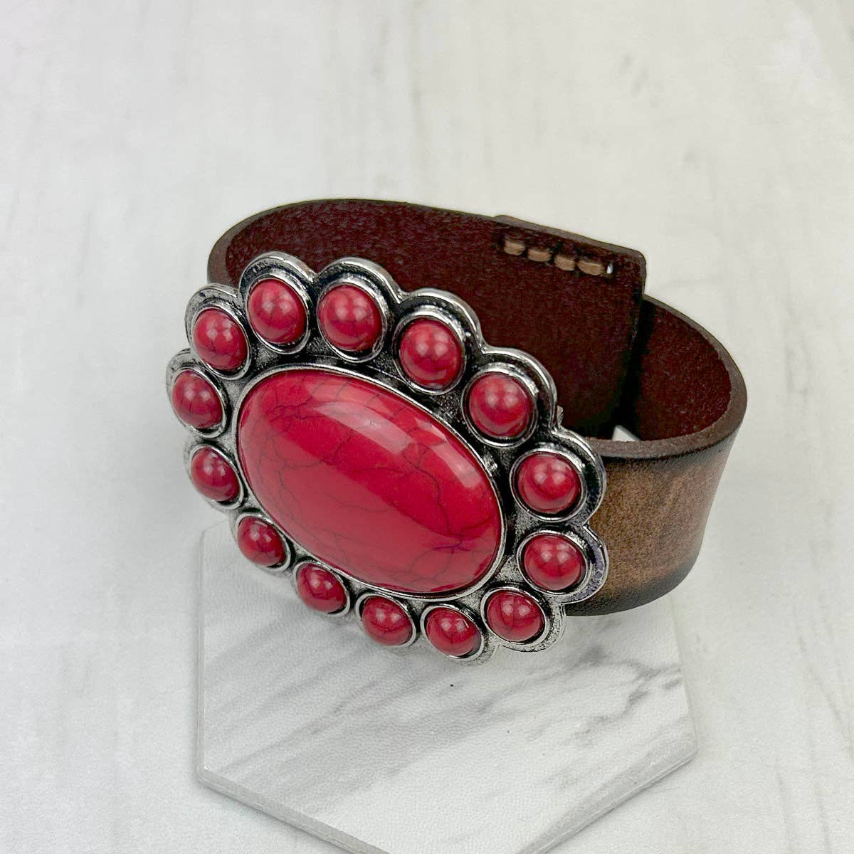 NKZ231226-11 Brown leather with large blue turquoise stone oval concho bracelet: BLUE
