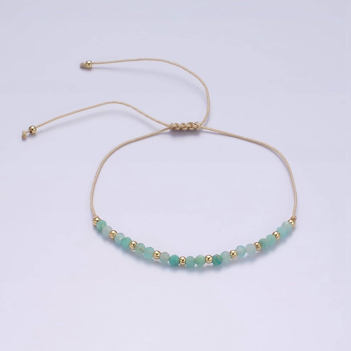 Minimalist Gold Turquoise Multifaceted Cream Cotton String Slider Bracelet | WA-2196 ~ WA-2198: Style C