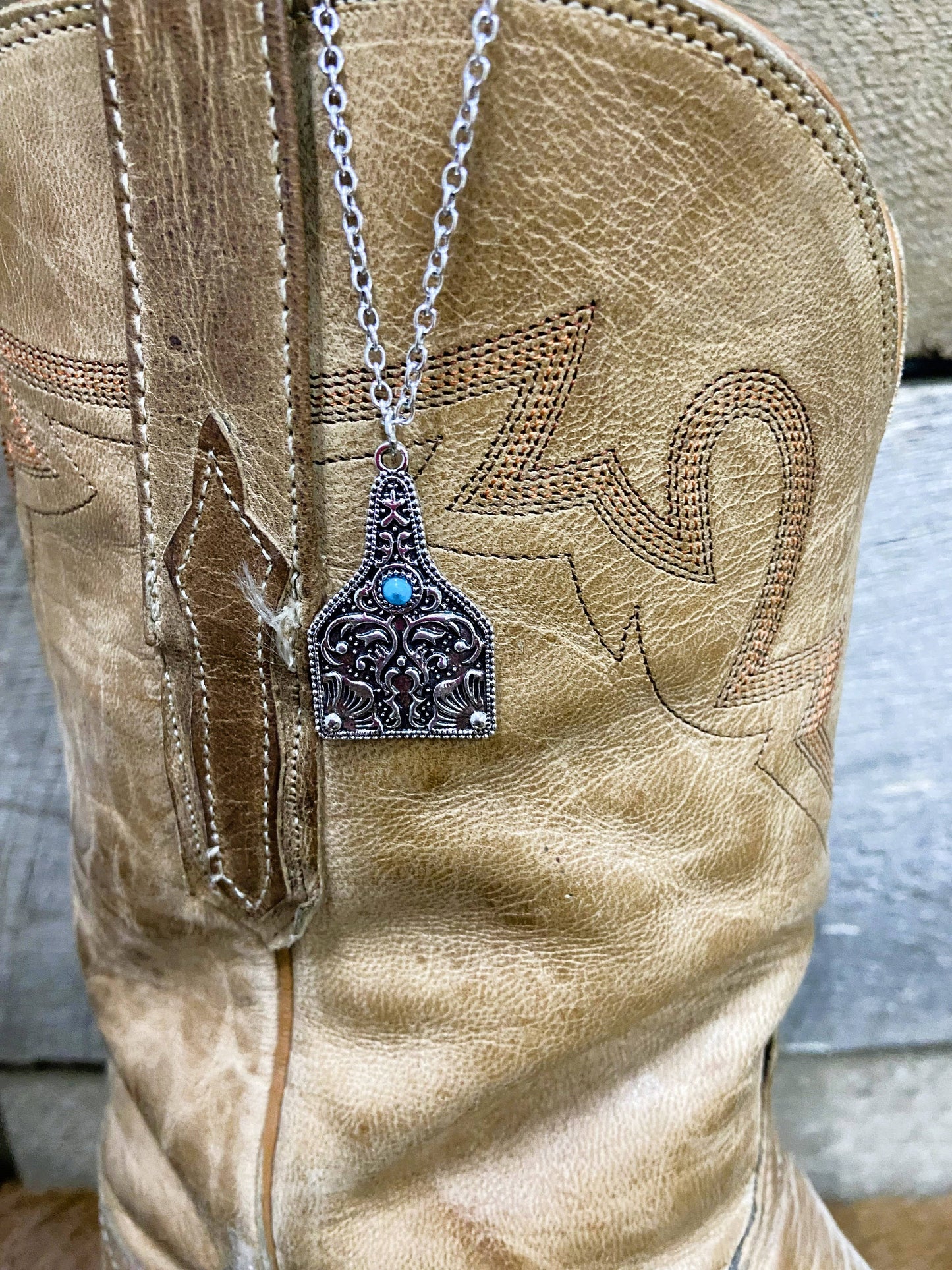 Tooled Silver Cowtag with Turquoise Accent Necklace