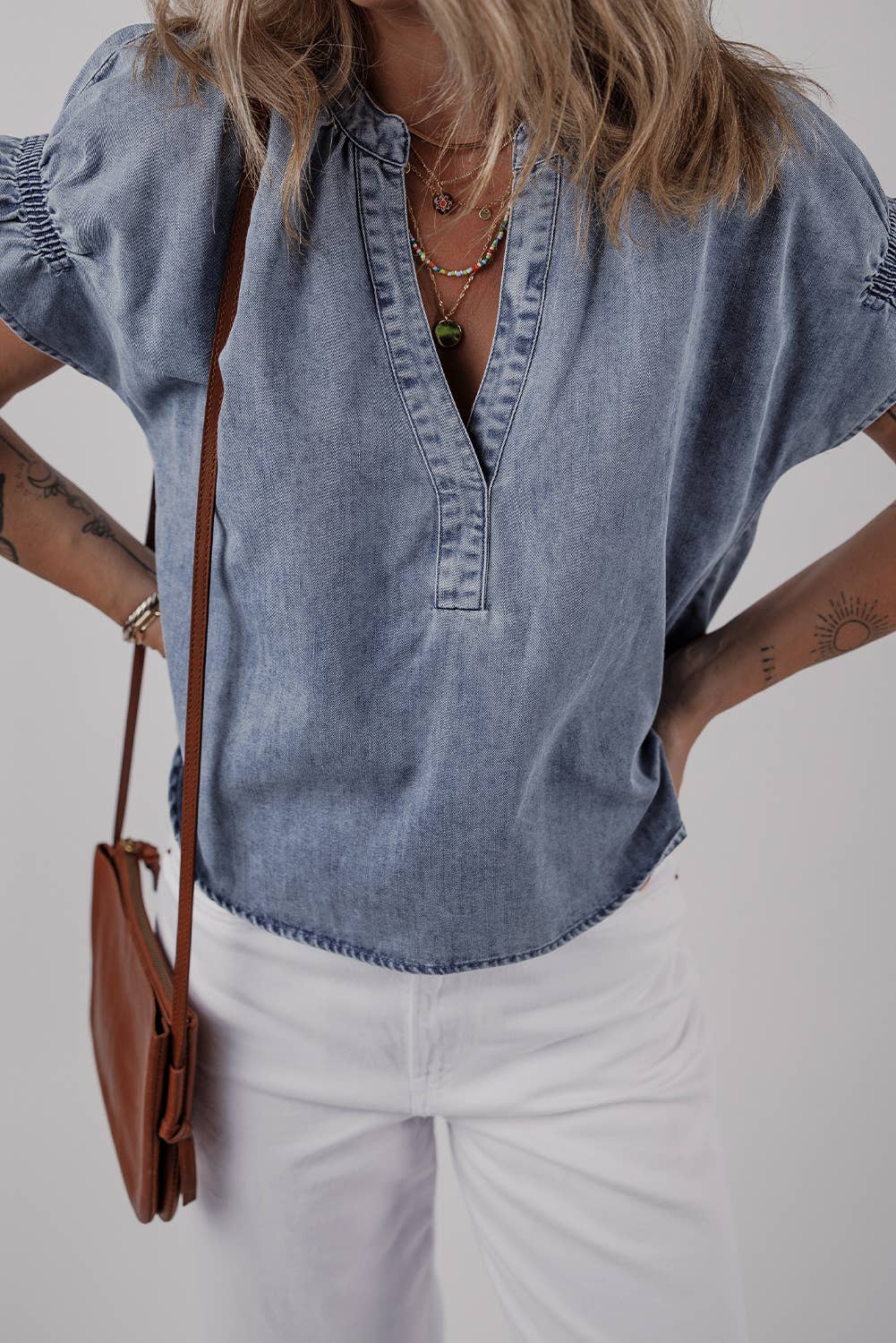 Ruffled Short Puff Sleeve Denim Top