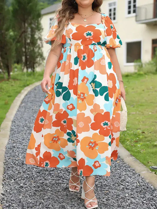 Orange Plus Size Flower Print Shirred Square Neck Maxi Dress