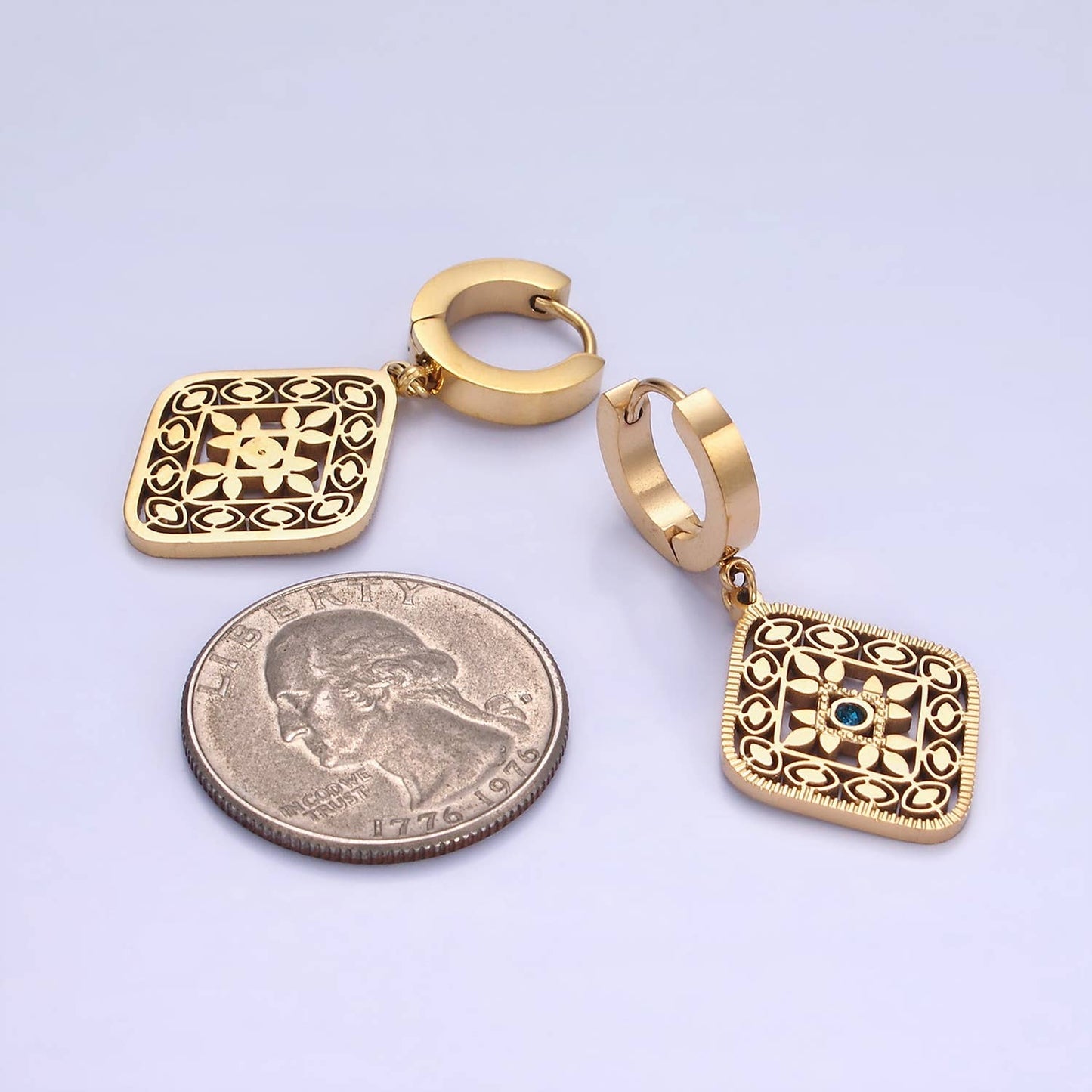Stainless Steel Blue CZ Flower Filigree Drop Earrings
