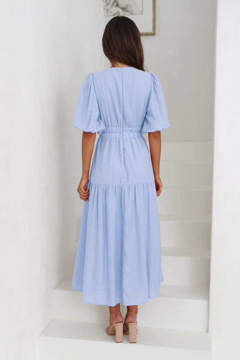 SOLID COLOR DARK V LANTERN SLEEVE DRESS