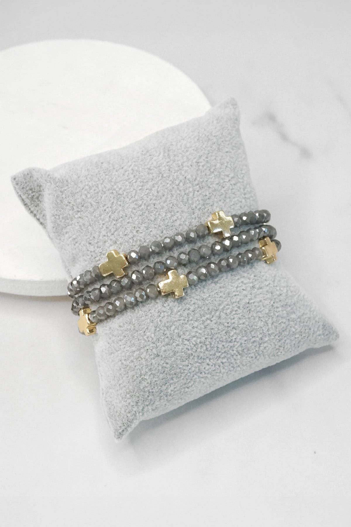 Mini Sideways Cross Bracelet stack Glass and gold metal beads: Black