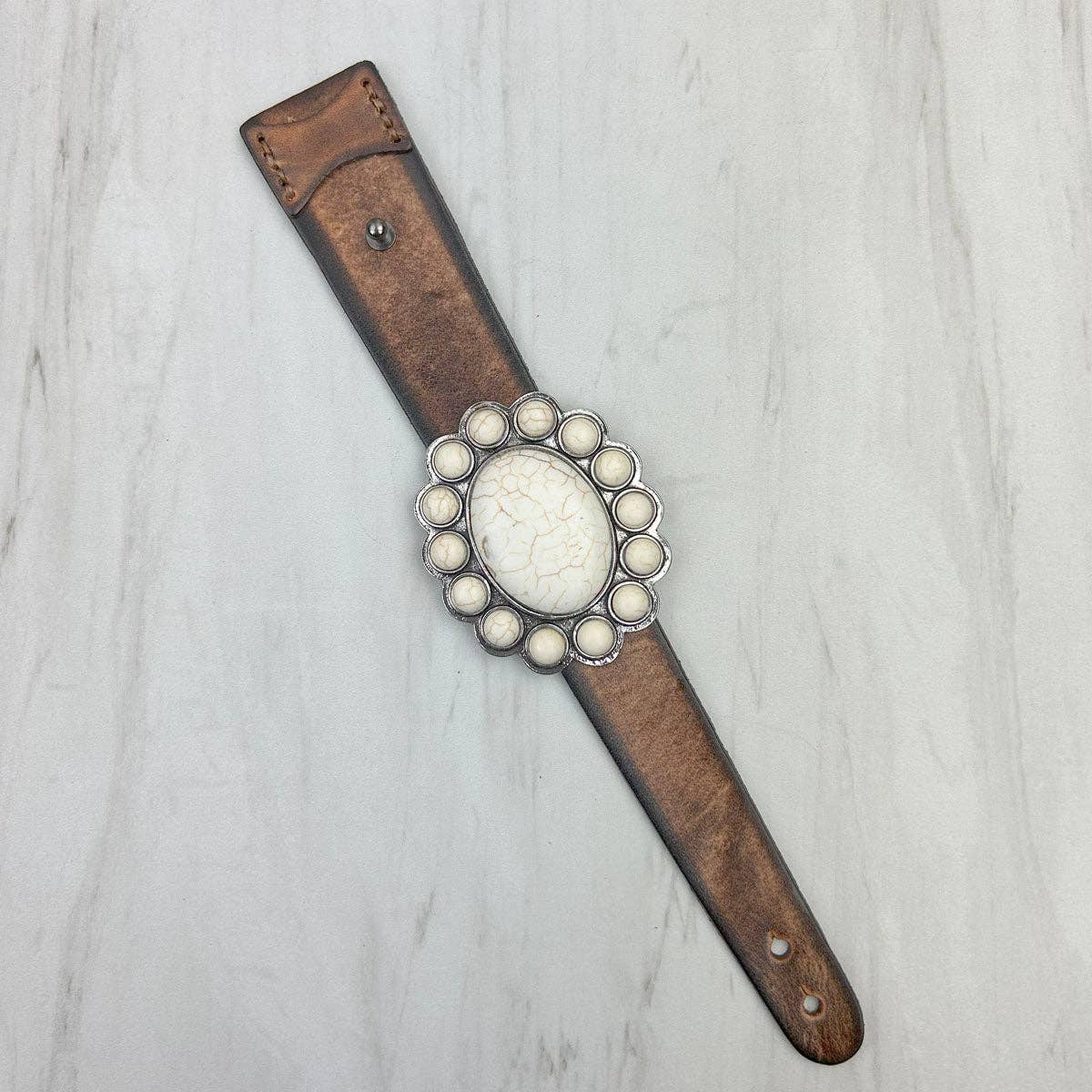 NKZ231226-11 Brown leather with large blue turquoise stone oval concho bracelet: BLUE