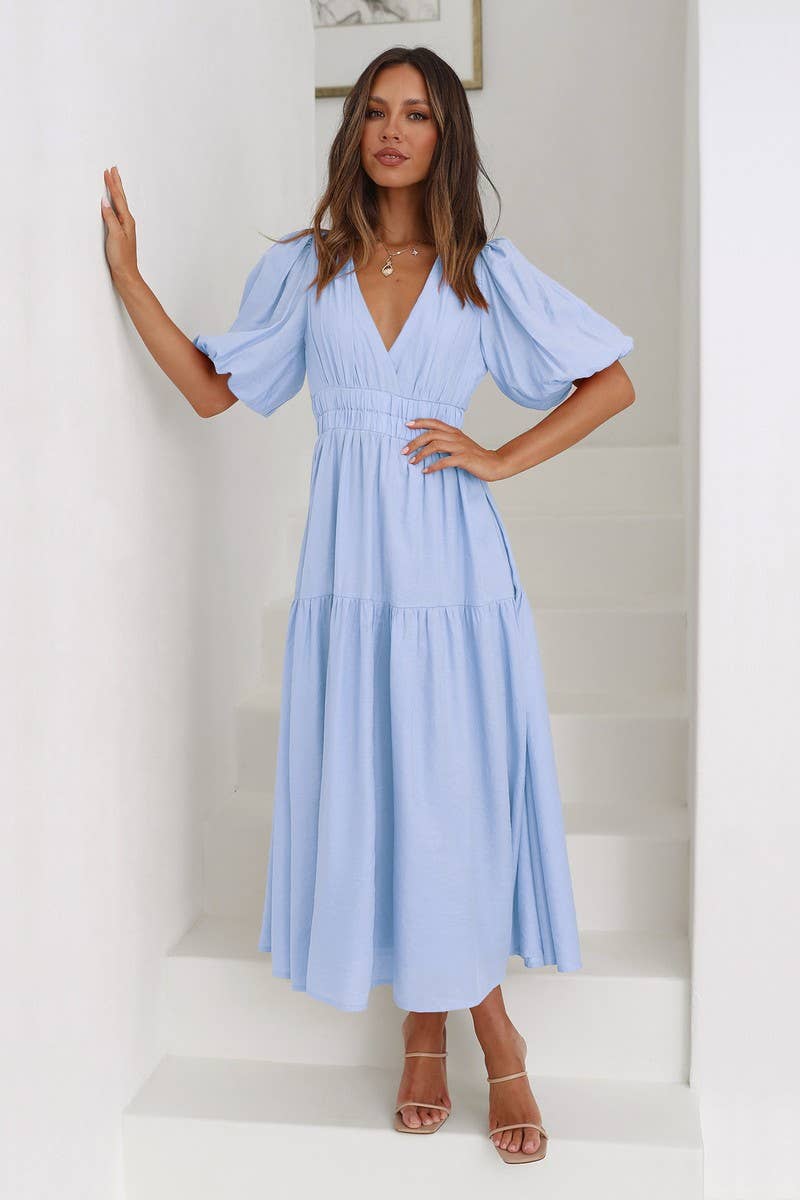SOLID COLOR DARK V LANTERN SLEEVE DRESS