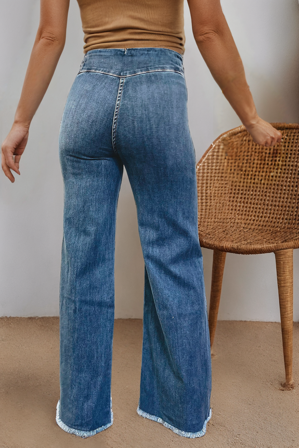 High Waist Button Fly Seamed Raw Hem Flare Jeans