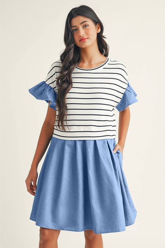 Stripe Ruffle Denim Patchwork Round Neck Mini Dress