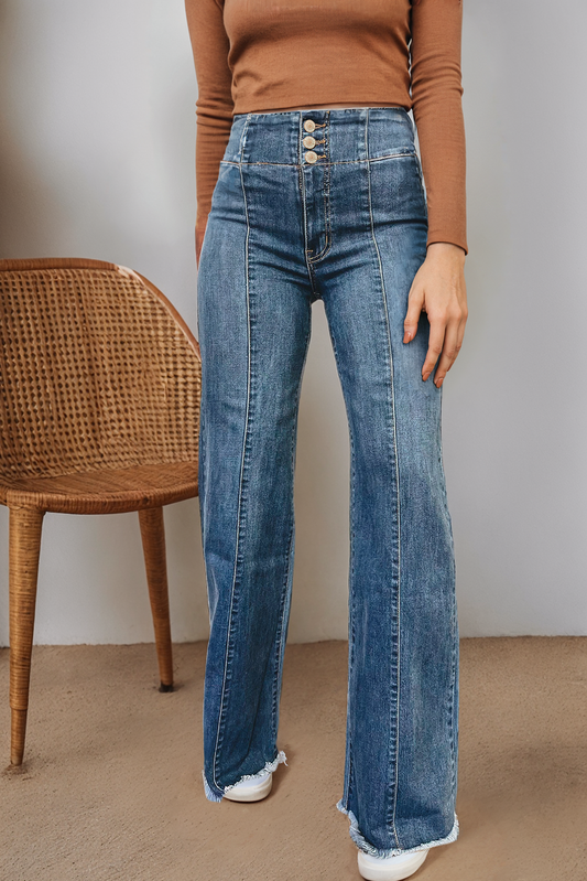High Waist Button Fly Seamed Raw Hem Flare Jeans