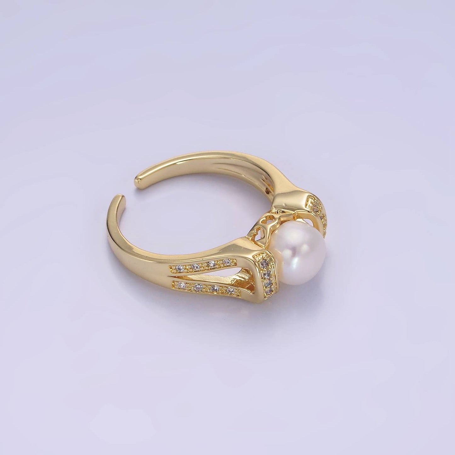 14K Gold Shell Pearl Micro Paved CZ Double Band Ring | O1344