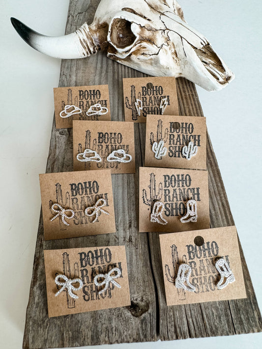 Western cut out paved Stud earrings - cowboy boots hat bow