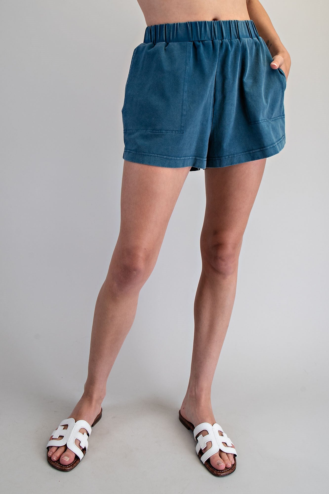 Teal Washed Elastic Waist Shorts