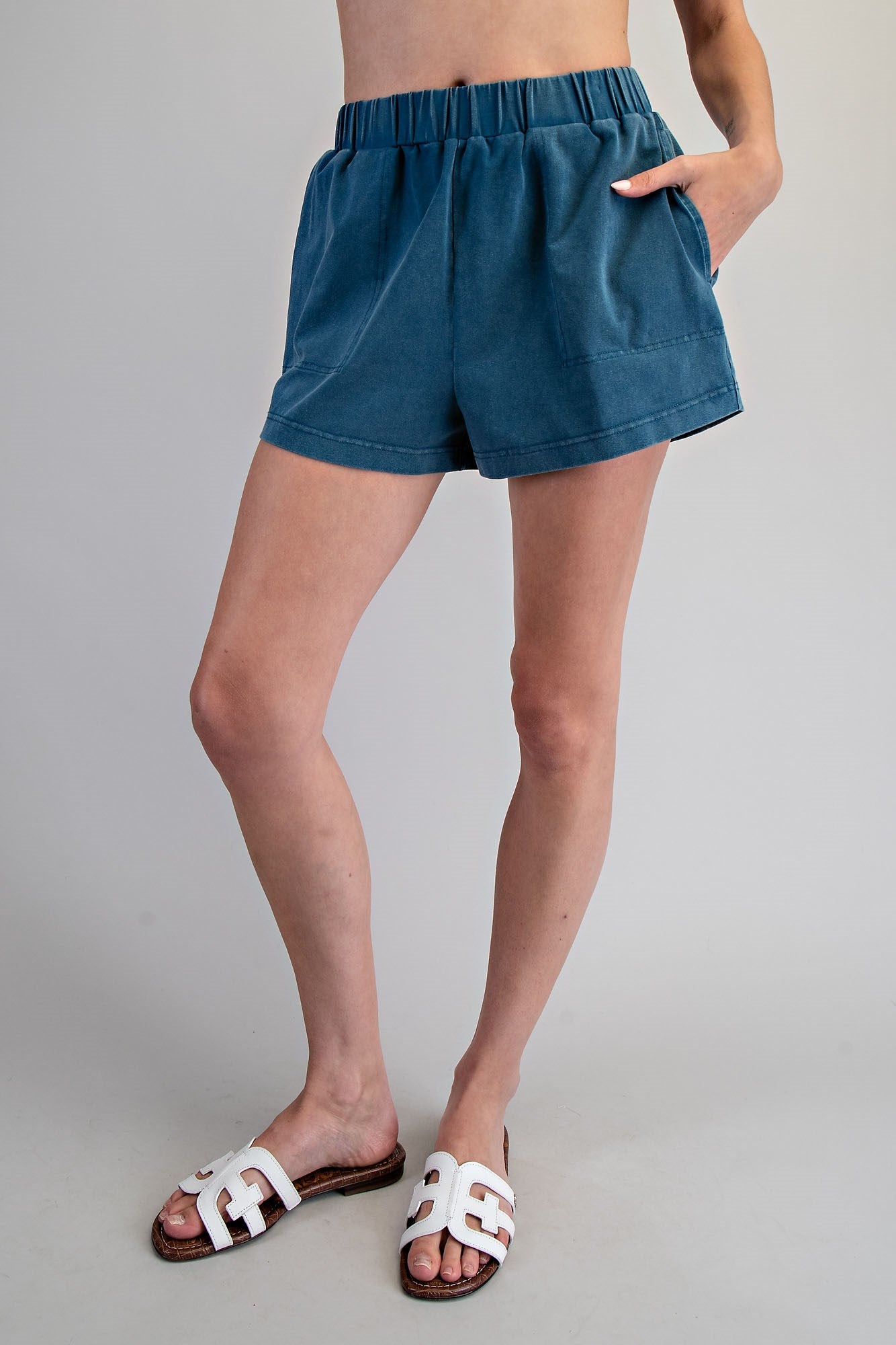 Teal Washed Elastic Waist Shorts