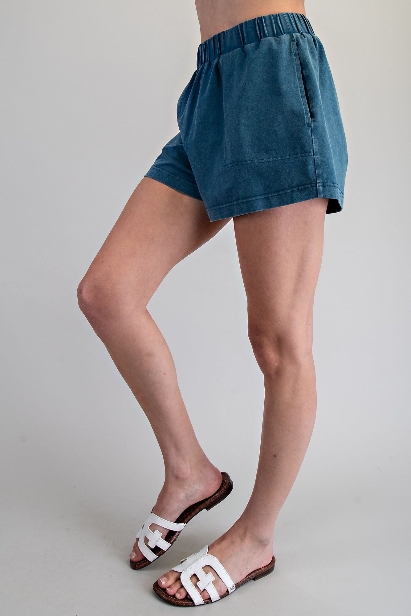Teal Washed Elastic Waist Shorts