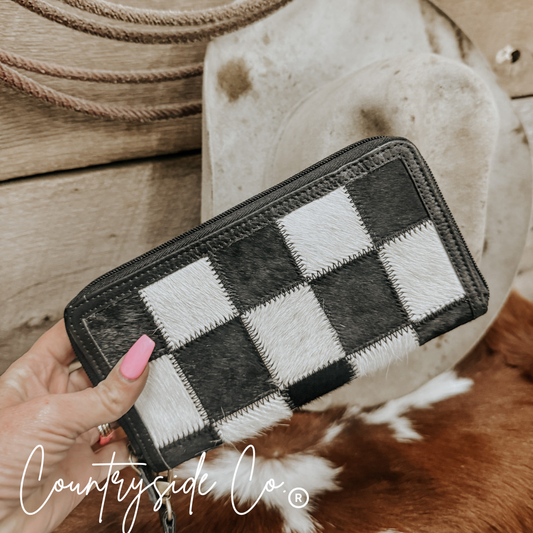 Checkered Cowhide Womens Wallet Wristlet Trendy: Brown