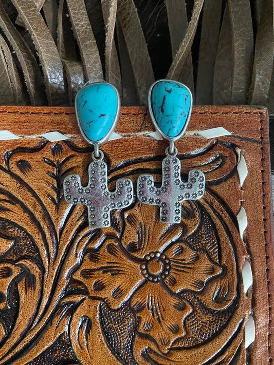 Western Silver Cactus Earrings Trendy 3 Colors: Turquoise