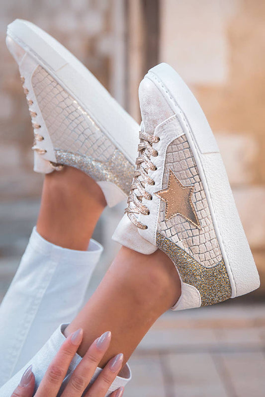 Glitter Star Patchwork PU Leather Lace-up Sneakers: Gold