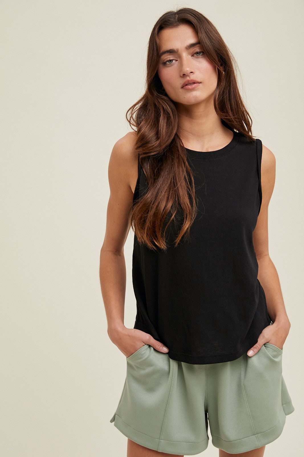 Black Cotton Rolled Sleeve Tank