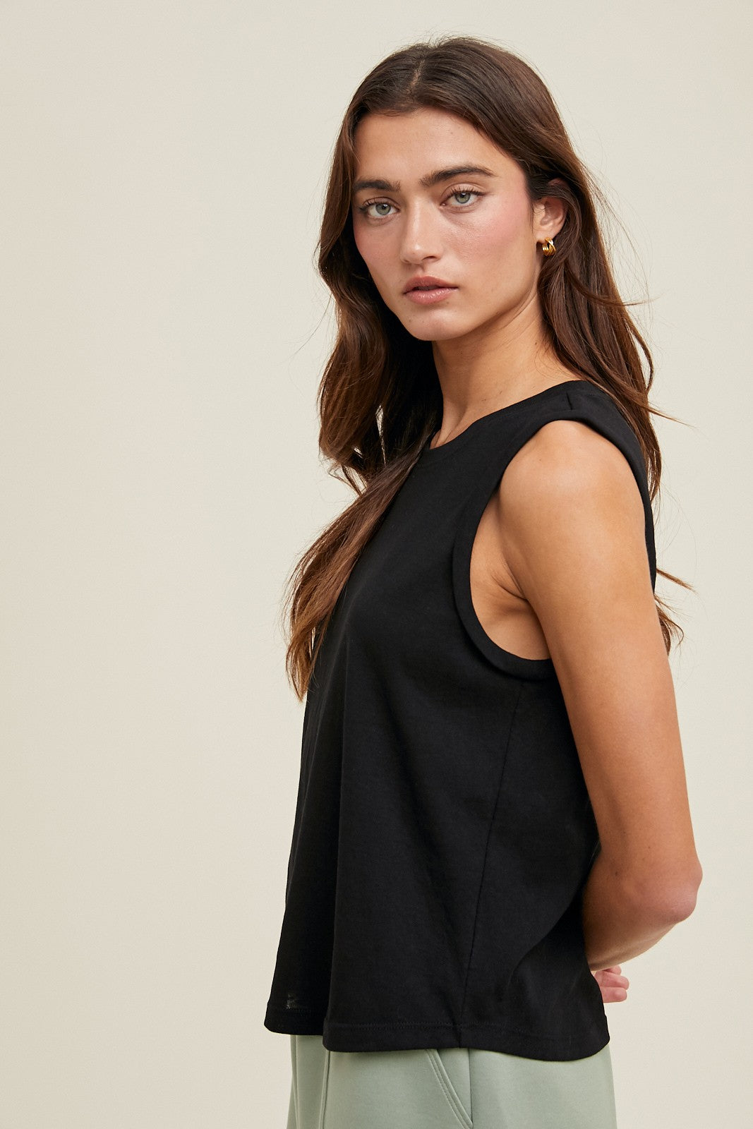 Black Cotton Rolled Sleeve Tank