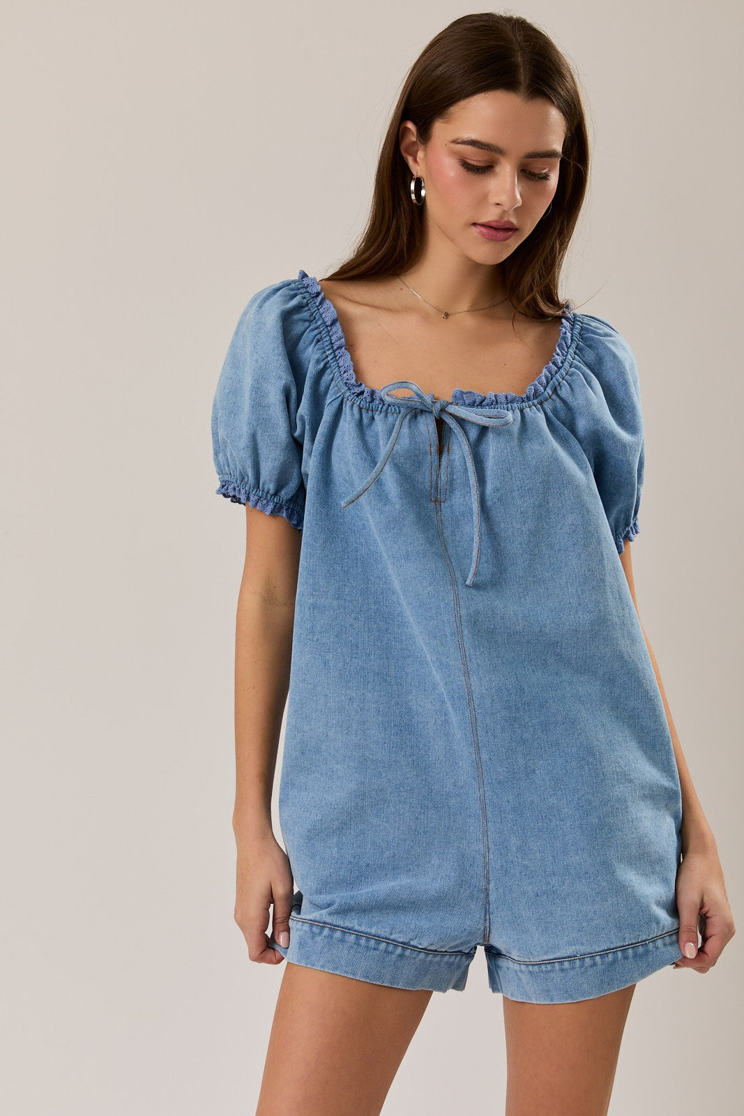 Puff Sleeve Denim Romper