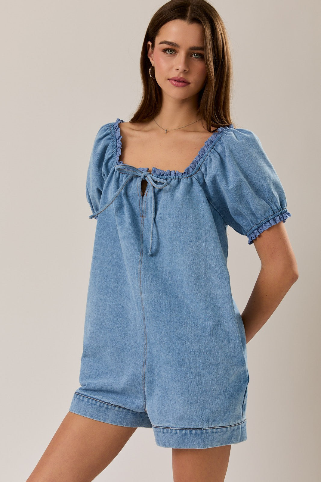 Puff Sleeve Denim Romper