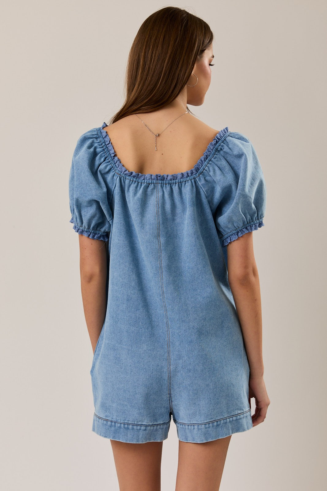 Puff Sleeve Denim Romper