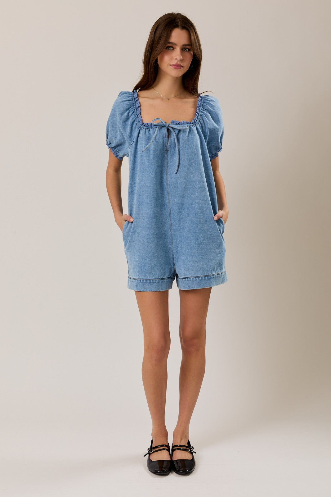 Puff Sleeve Denim Romper