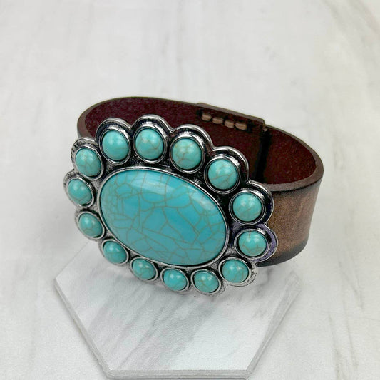 NKZ231226-11 Brown leather with large blue turquoise stone oval concho bracelet: BLUE