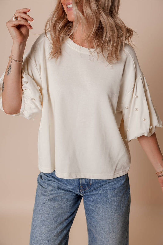 Pearled Puff Sleeve Round Neck Loose Top