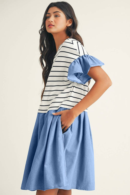 Stripe Ruffle Denim Patchwork Round Neck Mini Dress