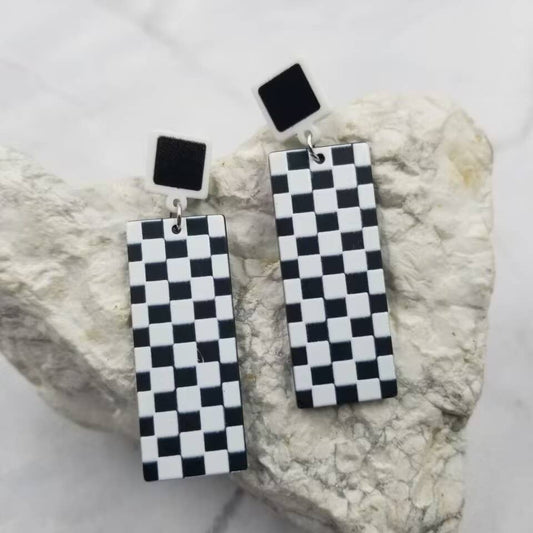 Acrylic Black Gingham Cabana Earrings