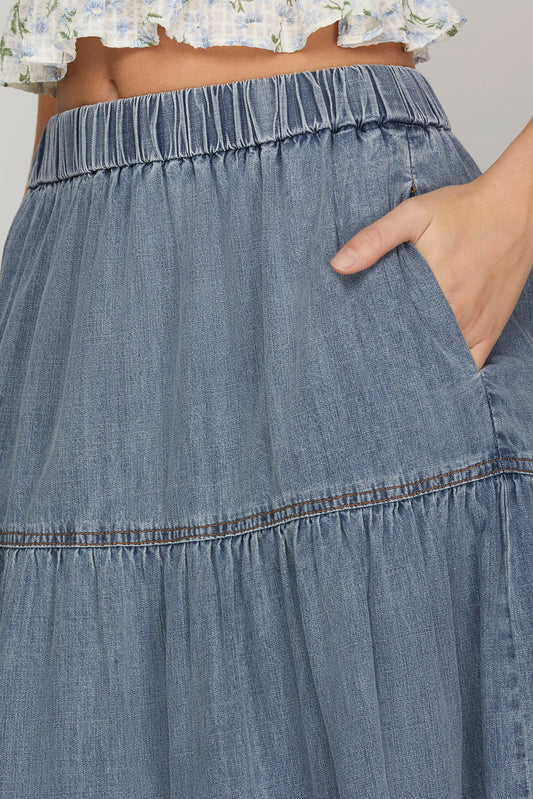 Tiered Denim Maxi Skirt