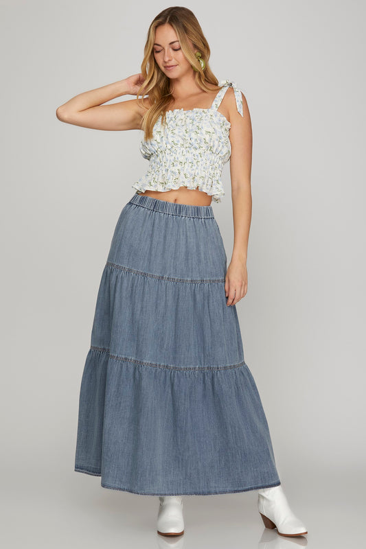 Tiered Denim Maxi Skirt