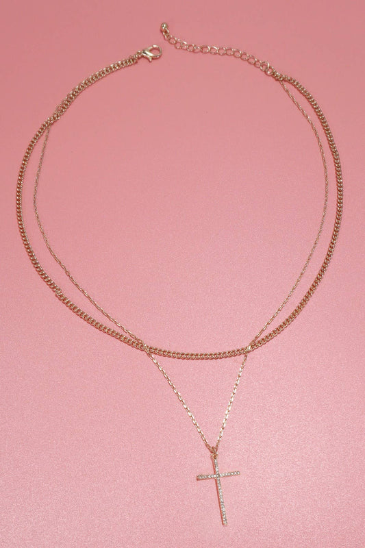 DOUBLE LAYER RHINESTONE CROSS CHARM NECKLACE