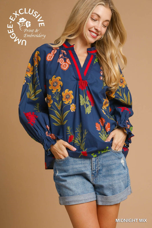 Floral Print V Neck Open Collar Top