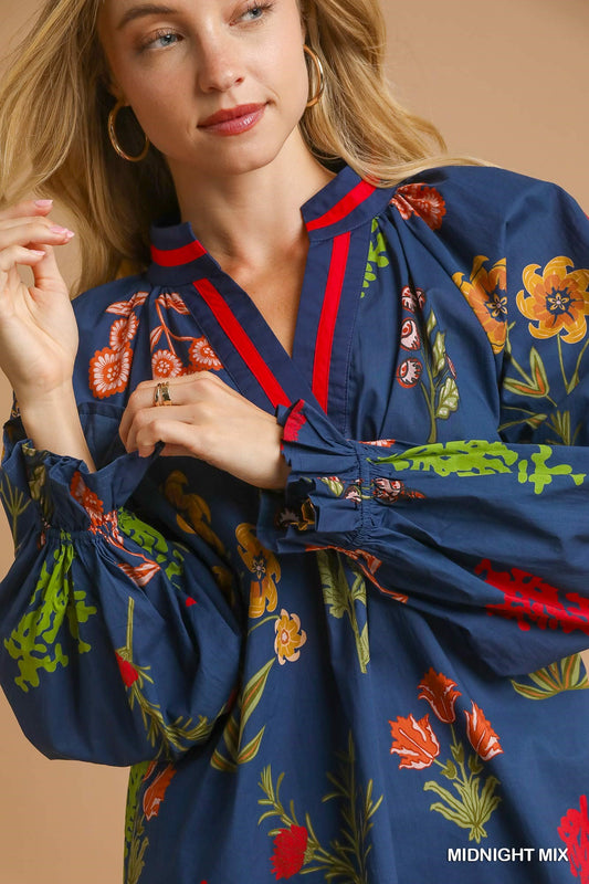 Floral Print V Neck Open Collar Top