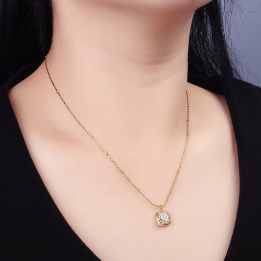 Stainless Steel White Opal Dotted Wheat 16 Inch Necklace