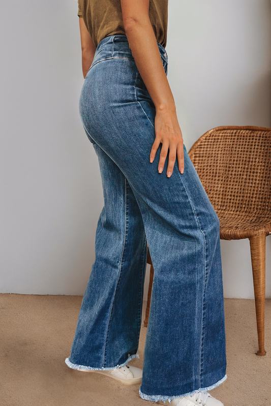 High Waist Button Fly Seamed Raw Hem Flare Jeans
