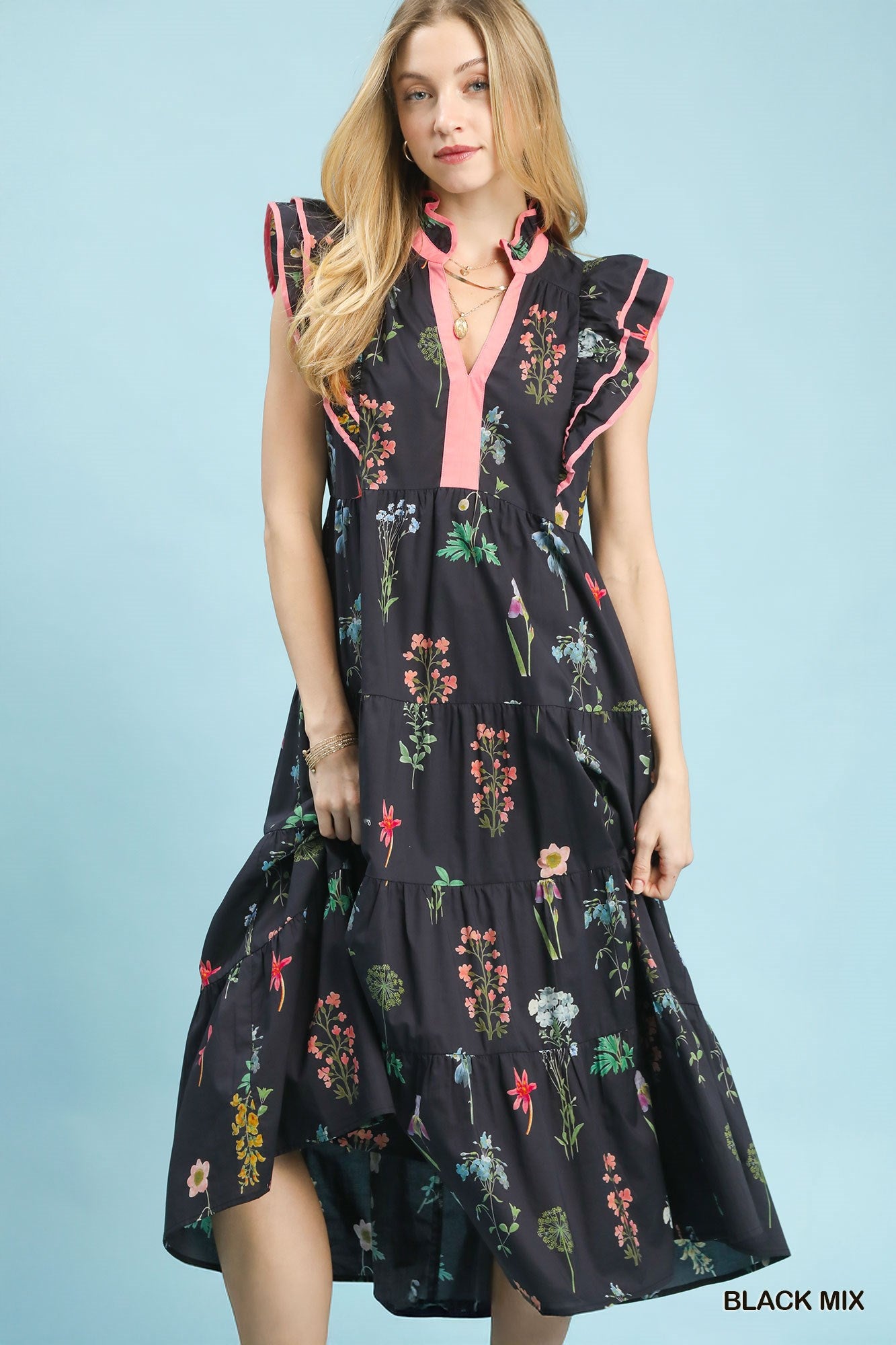 Mix Floral Tiered Ruffle Midi Dress