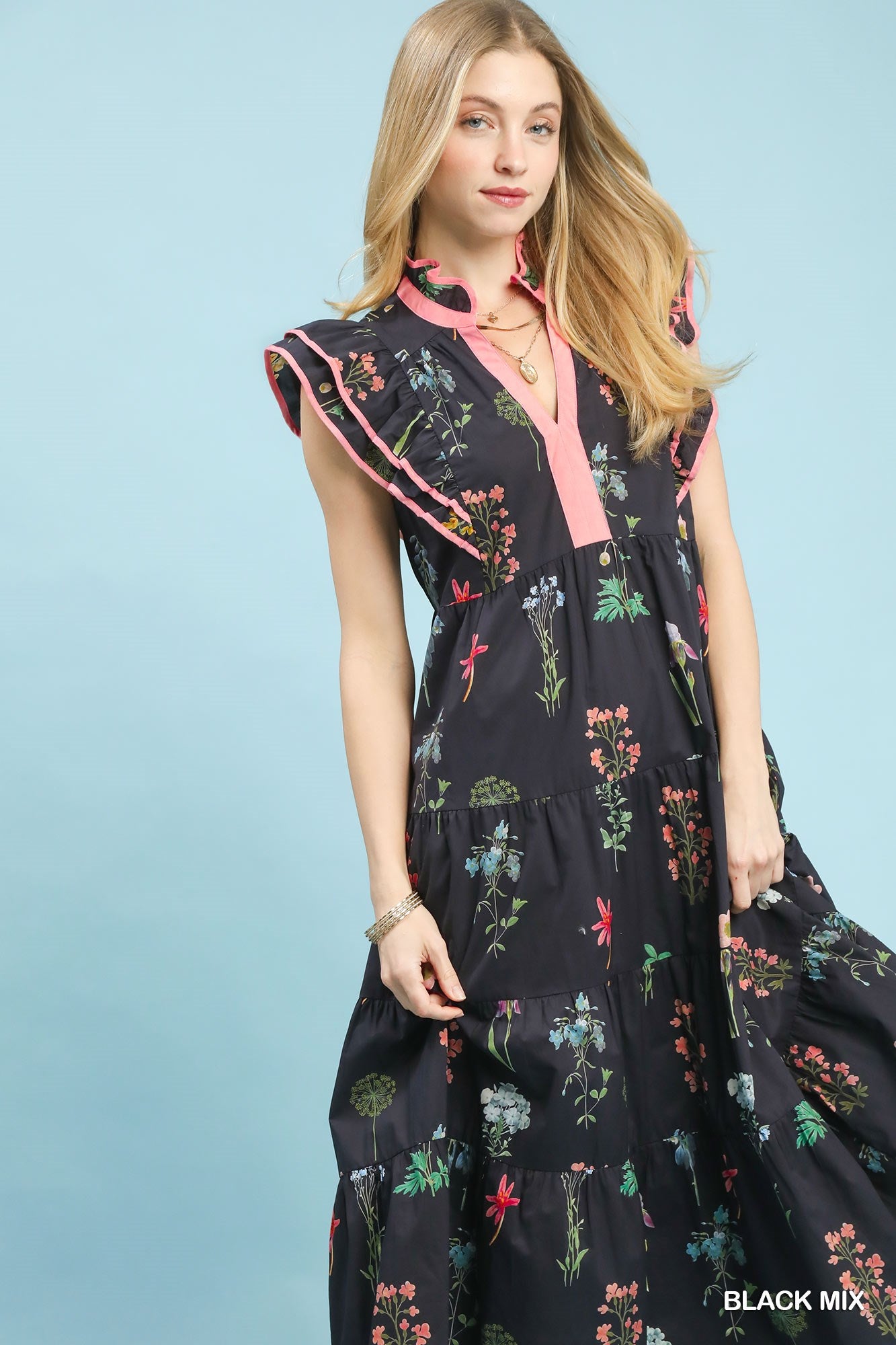 Mix Floral Tiered Ruffle Midi Dress