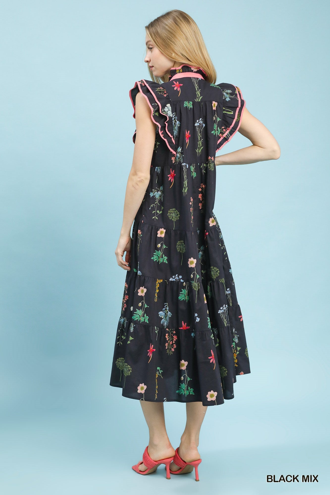 Mix Floral Tiered Ruffle Midi Dress