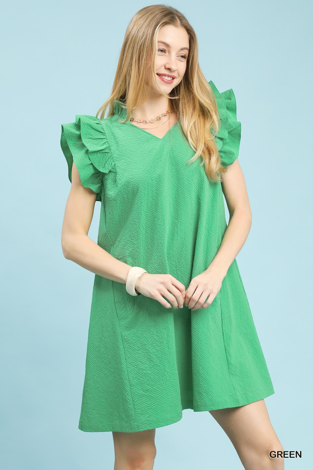 Emerald Ruffle Sleeve Dress