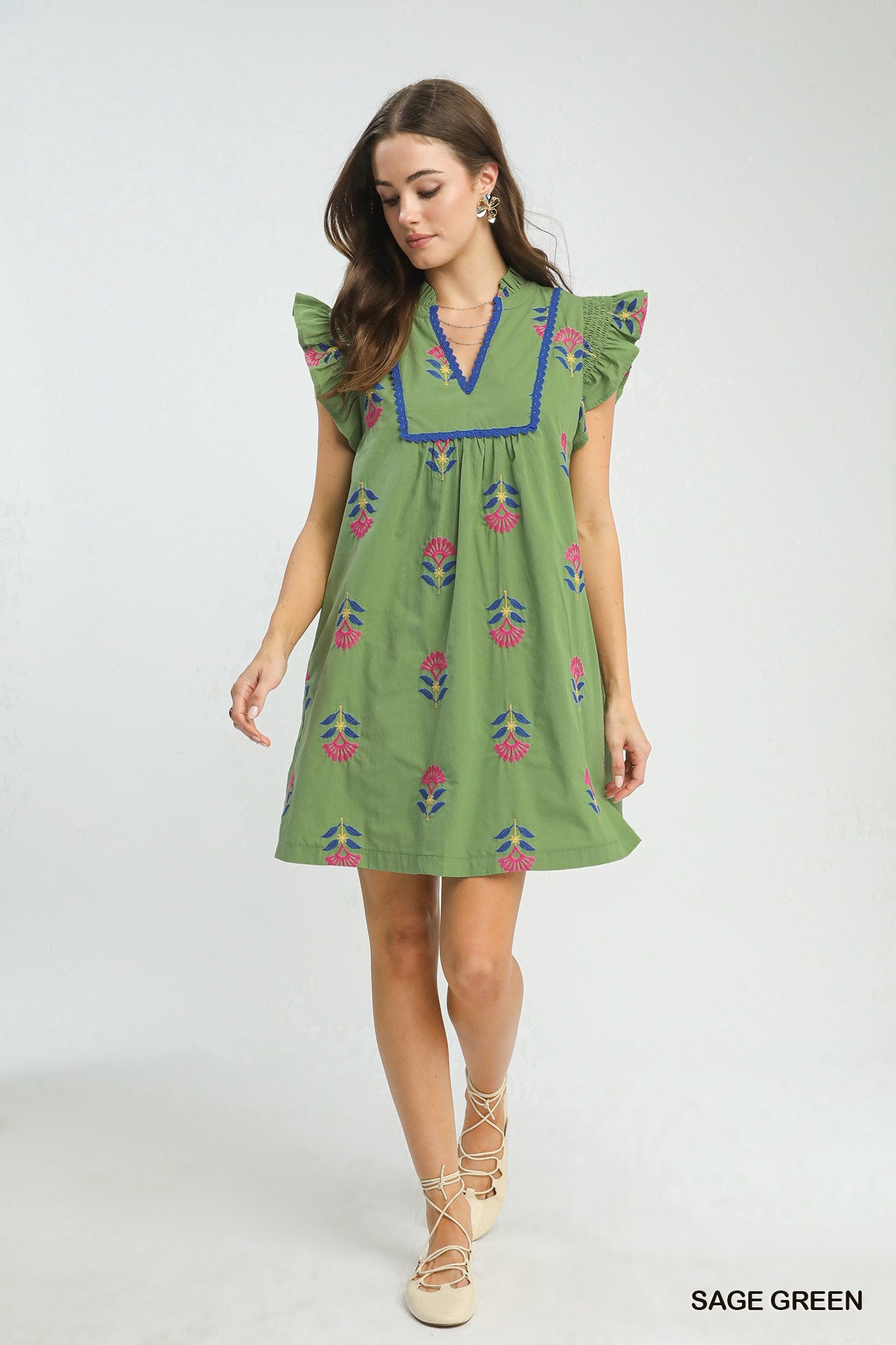 Sage Bloom Embroidered Mini Dress