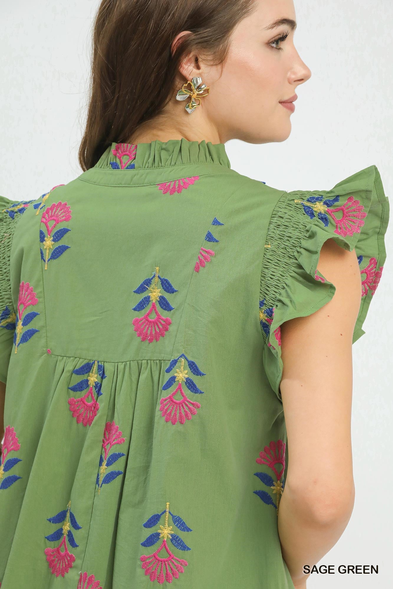 Sage Bloom Embroidered Mini Dress