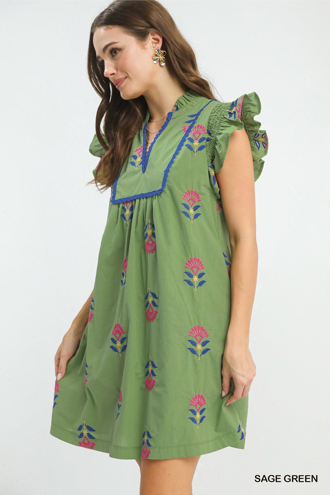 Sage Bloom Embroidered Mini Dress