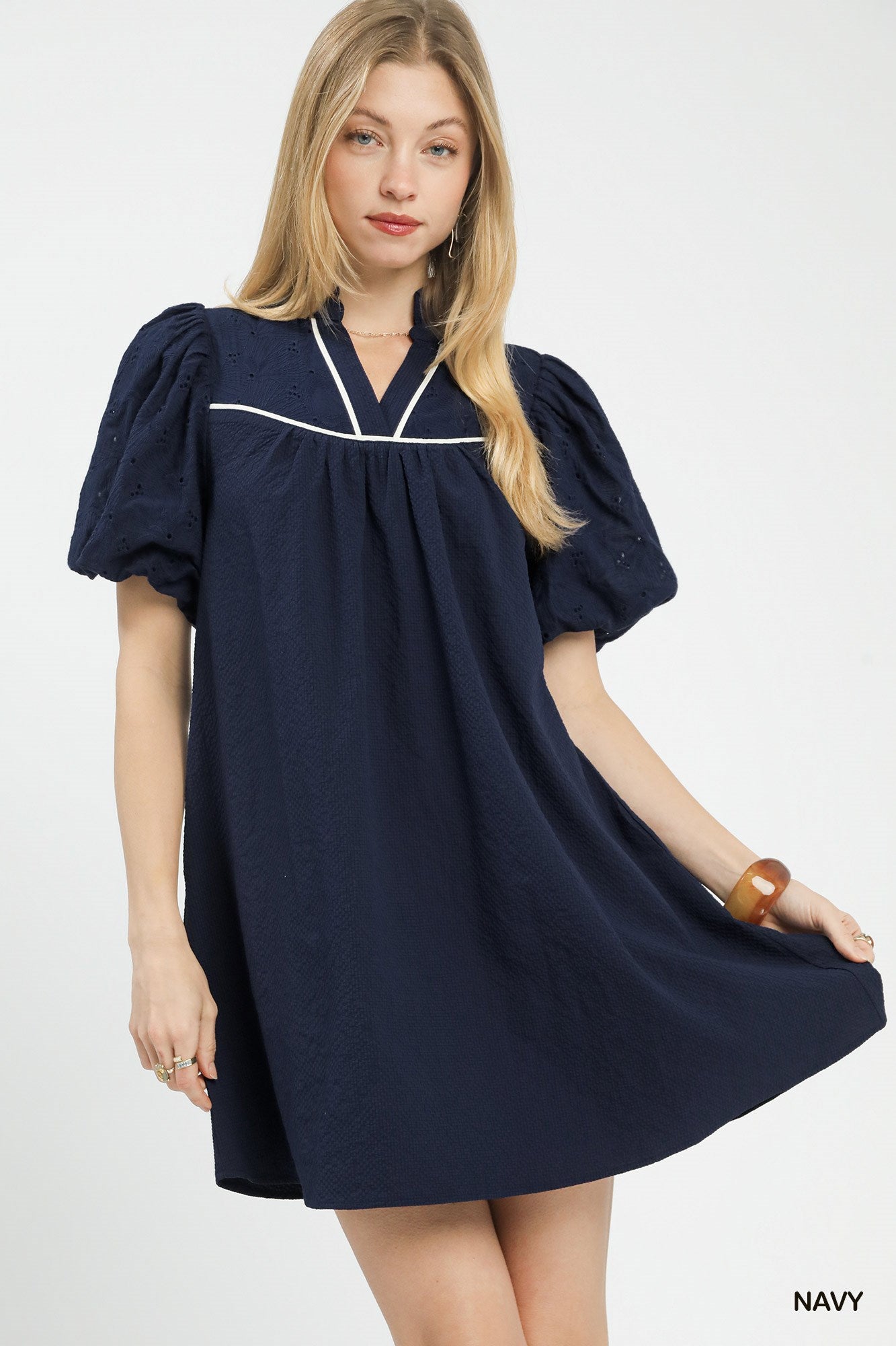 Navy Puff Sleeve Mini Dress with Contrast Trim