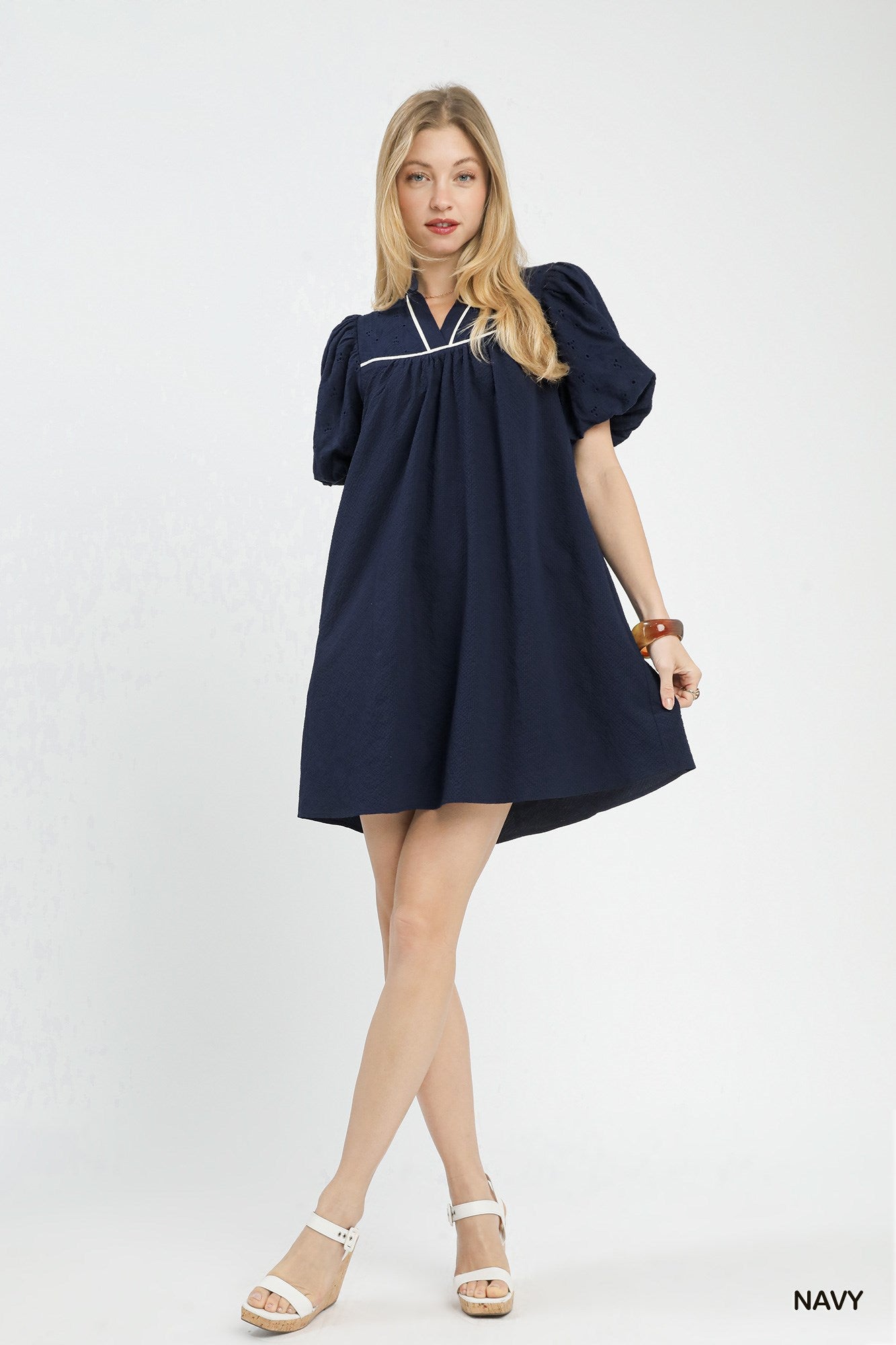 Navy Puff Sleeve Mini Dress with Contrast Trim