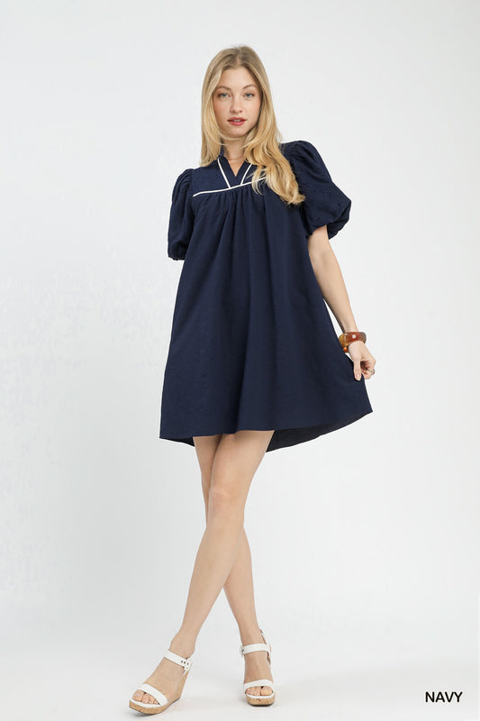 Navy Puff Sleeve Mini Dress with Contrast Trim